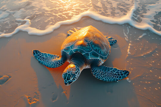 Top View Of Turtle With Distinctive Dark Patterned Shell On The Beach. The Fine Sand Is Golden In Color Because Of The Sunlight.