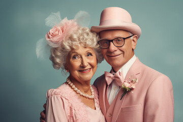 Elderly married pensioners in retro clothes