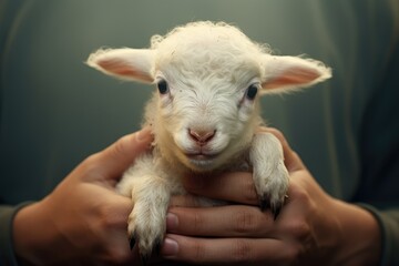 Fototapeta premium Cute baby lamb. Newborn lamb in the hands of a child. Selective focus. adorable baby sheep. cute mammal animal.