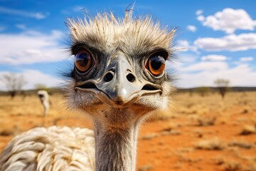 Ostrich head close up. Ostrich in the Kalahari desert, South Africa. wildlife photography. cute bird. looking at camera. - obrazy, fototapety, plakaty
