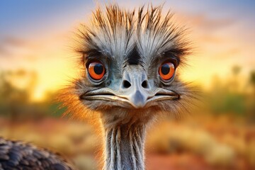 Ostrich head close up during sunset. Ostrich at sunset in Africa, close-up. Animal portrait. wildlife. funny expression.