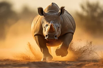 Foto auf Leinwand A rhino running in dust. a rhino running through dust in a desert. African wilderness. rhino in the African savannah at sunset. Wildlife. wild animal. © Jahan Mirovi