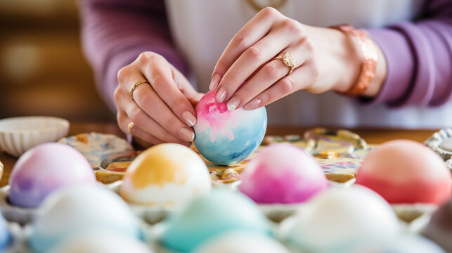 Close-up of hands painting Easter eggs with pastel colors