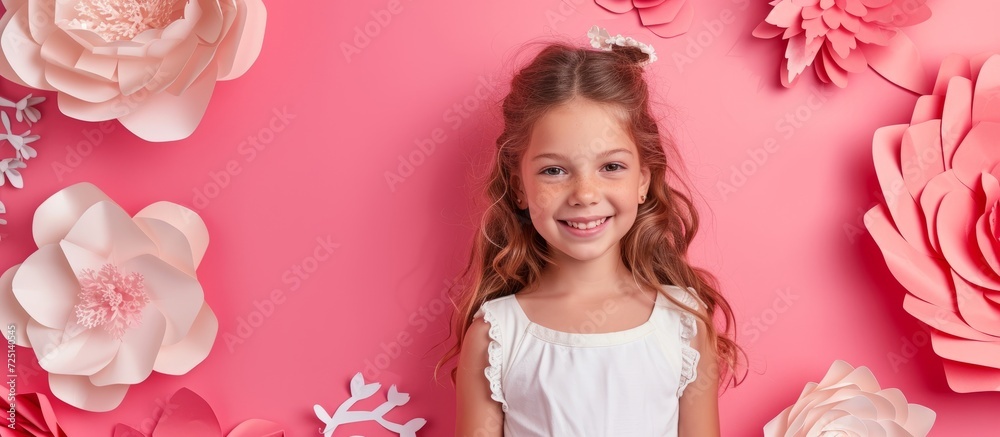 Poster Summer advertising concept featuring a little girl on a pink background with paper flowers and space for text.