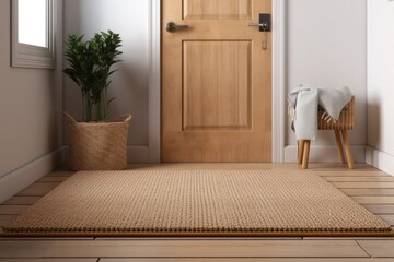 a spotless doormat and a hardwood hallway floor
