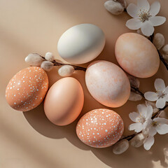 Easter eggs in peach tones on a pastel beige background. Traditional holy week celebration. Easter banner, poster or card with copy space.