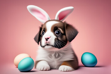 Easter Puppy helps Bunny with eggs.