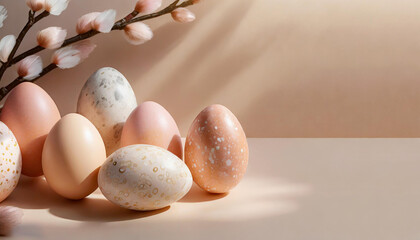 Easter eggs in peach tones on a pastel beige background. Traditional holy week celebration. Easter banner, poster or card with copy space. - obrazy, fototapety, plakaty