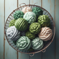 Balls of wool in soft green tones in a wire basket on a rustic wooden table. Clews of wool yarn. Winter hobby concept. Cozy background.