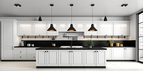  stylish kitchen with white wooden floor, black and white counters, and modern ceiling lamps. Front view.