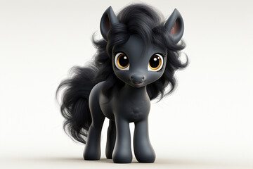 Adorable 3D cartoon friesian horse portrait on a white background.