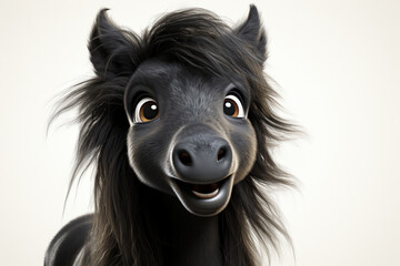 Adorable 3D cartoon friesian horse close-up portrait on a white background.