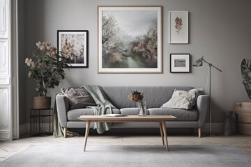 Grey couch and coffee table in a Scandinavian living room