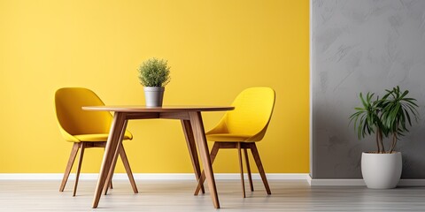 Yellow chair and wooden table in modern interior.