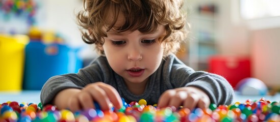 Sensory play at home for children includes activities like Montessori games, aiding sensory processing disorder, child development, and occupational therapy. - obrazy, fototapety, plakaty