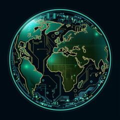 Globe Map with Continents on a Printed Circuit Board PCB Technology Design and Concept Dark Background