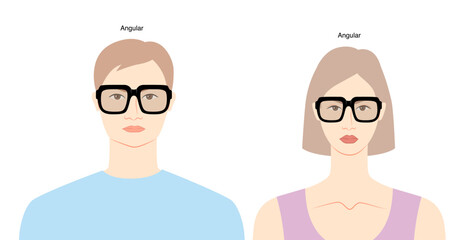 Obraz premium Angular frame glasses on women and men flat character fashion accessory illustration. Sunglass front view unisex style, rim spectacles eyeglasses with lens sketch outline isolated on white background