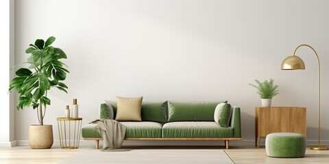Scandinavian-style living room with chic green velvet sofa, gold pouf, wood furniture, cacti, carpet, cube, empty space, and template for poster frames.