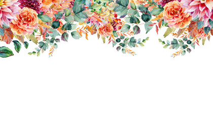 watercolor multi color Autumn floral corner border with dahlia, rose and eucalyptus leaves - obrazy, fototapety, plakaty