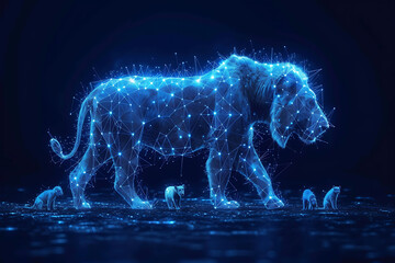 Lion. Digital wireframe polygon illustration. line and dots technology  . King of beasts  - obrazy, fototapety, plakaty