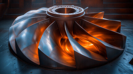 Intricate details of a modern turbine engine's internal mechanics. The metallic surfaces gleam with a polished finish, reflecting the ambient light in the manufacturing facility.