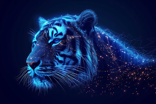 Tiger. Digital wireframe polygon illustration. line and dots technology  . 