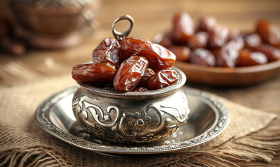 Dates or dattes palm fruit in silver bowl is snack healthy.