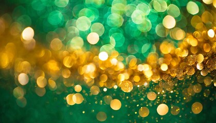 abstract bokeh background, Abstract blur bokeh banner background. Gold bokeh on defocused emerald green background