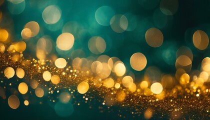 abstract bokeh background, Abstract blur bokeh banner background. Gold bokeh on defocused emerald green background
