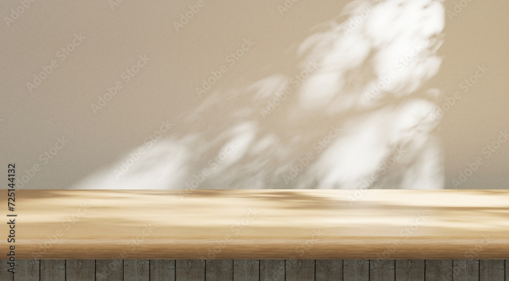 Aufkleber wooden empty cozy table background, sunny countertop template background and soft window sunlight and shadows, presentation and advertisement mock up, business work and product placement mock up