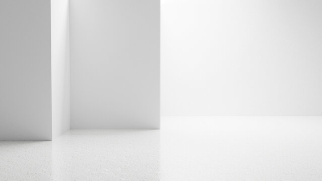 Abstract white empty room corner with bright white walls and empty floor, bright white empty room interior - place for text and design, room for product placement, white empty room interior background
