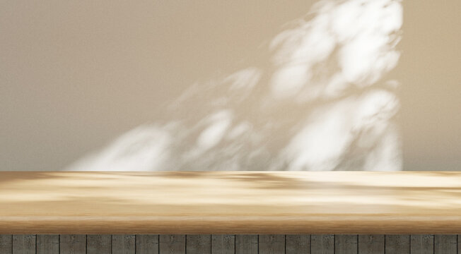 wooden empty cozy table background, sunny countertop template background and soft window sunlight and shadows, presentation and advertisement mock up, business work and product placement mock up