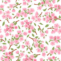 Sakura seamless pattern. Blooming cherry blossom endless design, spring cherry flowers flat vector background illustration. Asian sakura flowers pattern