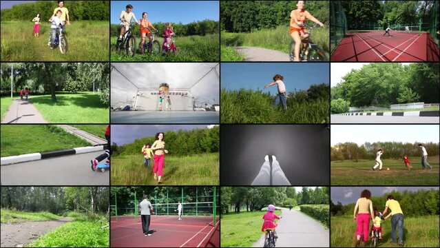 People ride bicycles, rollerblades, play tennis and basketball, collage 