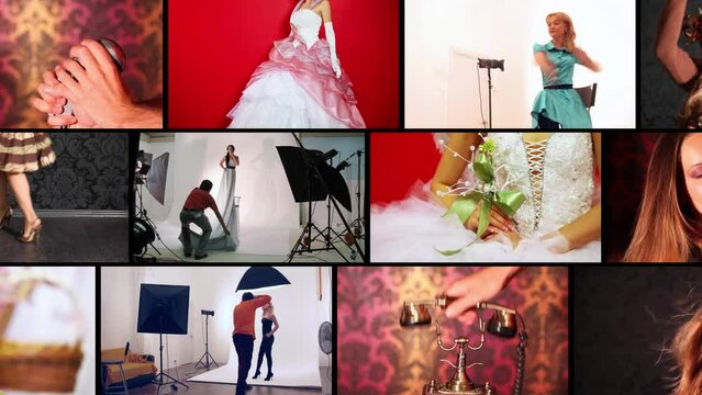 Photographer and pretty models work in studio (5 models), collage