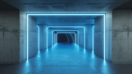 Concrete underground garage background, futuristic hallway like tunnel with lines of neon light. Modern empty abstract space. Concept of cyberpunk room, hall interior, studio