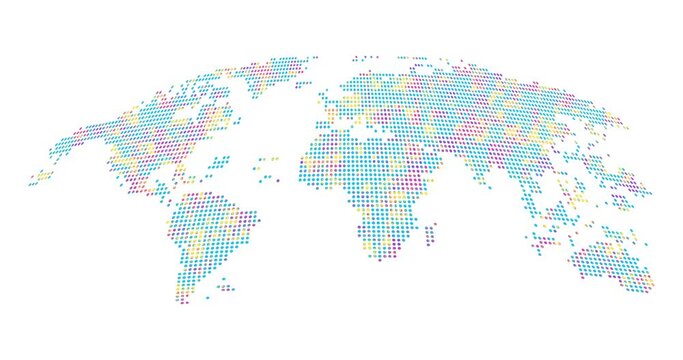 Digital world dotted world map over white background. Globe world map seamless loop animation. Digital big data or cloud computing concept. Global social network or internet and technology.