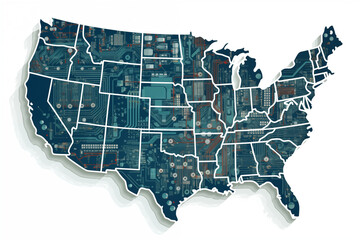 Map of the United States and a Printed Circuit Board PCB on a White Background