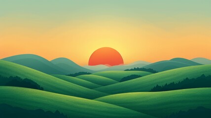 Fototapeta na wymiar simplistic illustration of the sun rising behind a green hill, evoking a new day for environmental hope