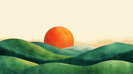 simplistic illustration of the sun rising behind a green hill, evoking a new day for environmental hope - obrazy, fototapety, plakaty