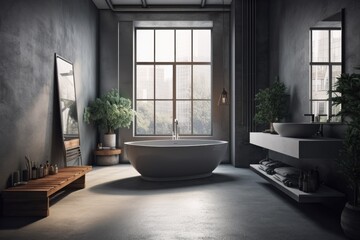 Bathroom interior in a deep gray color with a concrete floor, lots of windows, a round tub next to a white wall, and a table with personal care items. simulated toned image