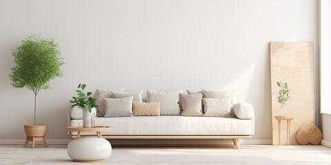 Fototapeta na wymiar Cozy living room with mock up poster, sofa, carpet, pillow, pouf, vase, decor.