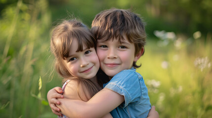 A park hug and portrait of brother and sister enjoy.