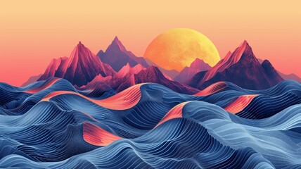 abstract illustration of trigonometry in nature, showcasing patterns in waves and mountains - obrazy, fototapety, plakaty
