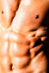 Fototapeta premium Sexy model body, nude torso. Strong man, seductive gay. Muscular shirtless man, attractive guy. Topless model. Naked gay posing in studio. Man showing sexy body. Athletic muscles.