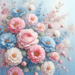 Elegant Artistic Painting of Beautiful Pastel Pink & Blue Soft Floral Flowers Blossoms on a Blue background Suitable for Springtime Spring Flower Summer Mother's Day Wedding Valentine's Day Art Themes