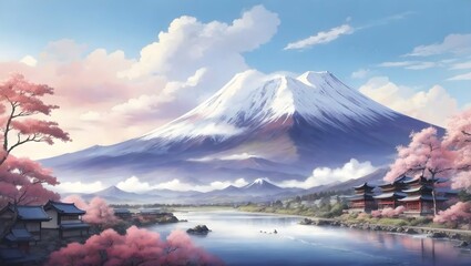 japanese fuji mountain,chery blossom tree - obrazy, fototapety, plakaty