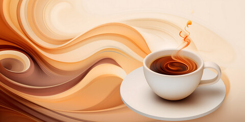 Coffee background, a cup of coffee against a background of soft waves in brown tones