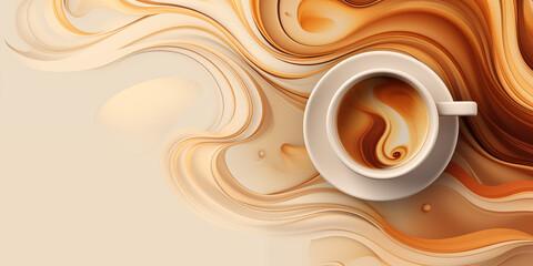 Coffee background, a cup of coffee against a background of soft waves in brown tones, top view - obrazy, fototapety, plakaty
