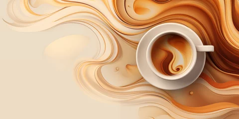 Deurstickers Coffee background, a cup of coffee against a background of soft waves in brown tones, top view © Irène